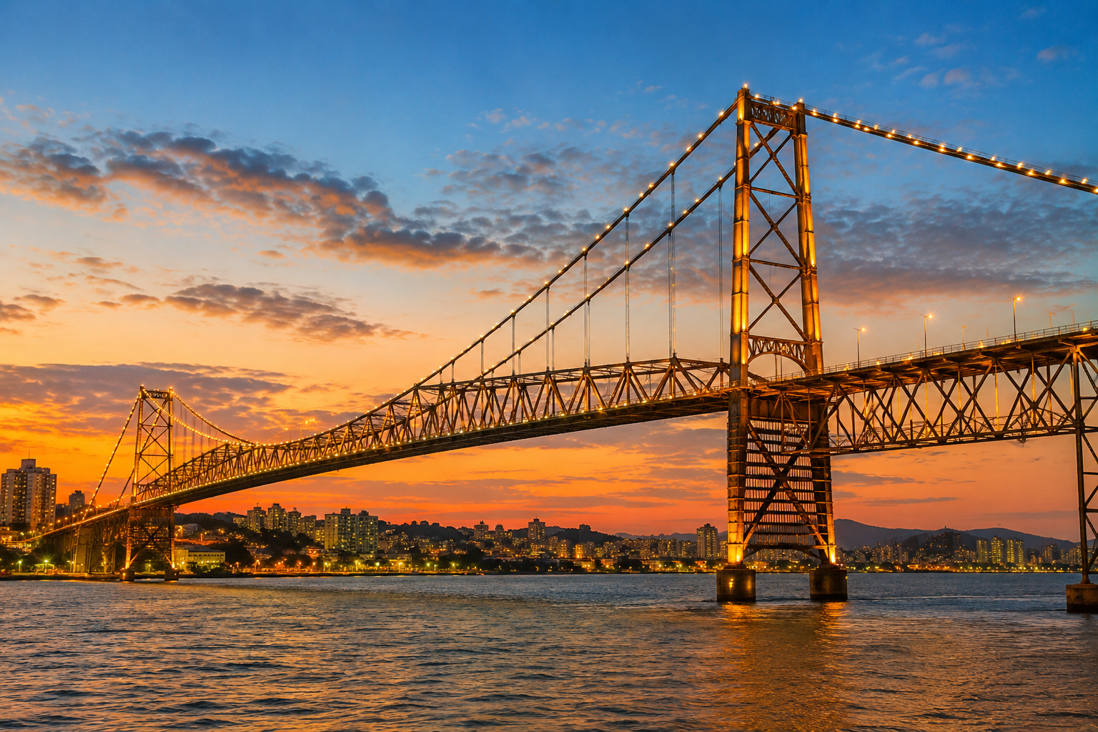 Ponte estaiada iluminada ao pôr do sol sobre o mar, ao fundo o skyline urbano